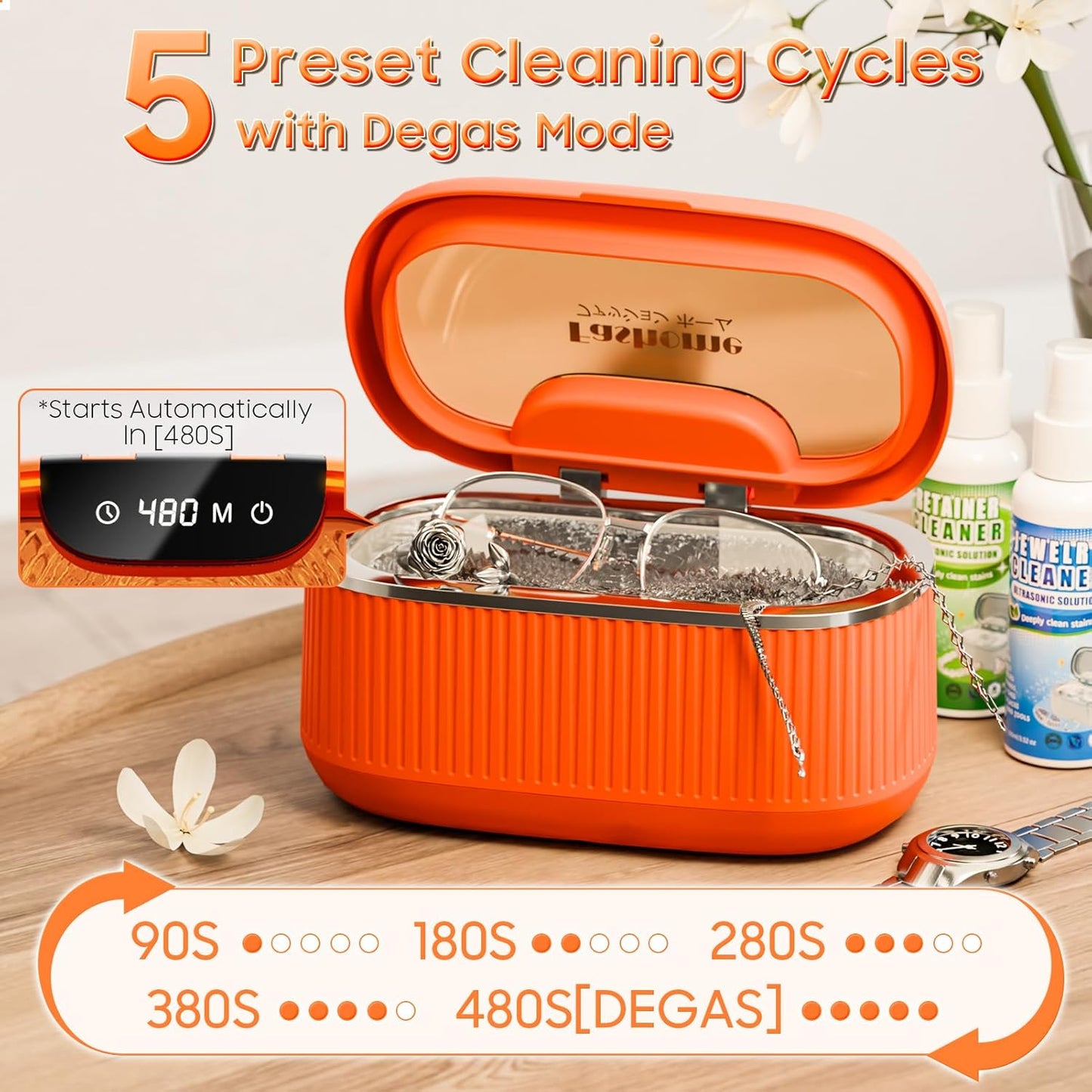 Ultrasonic Jewelry Cleaner Set with Basket/Holder - 45KHz 550ML w/Lights, 3 Powers 5 Timers & Degas Mode, 7oz Ultrasonic Cleaner Solution for Retainer, Rings, Eyeglasses, Dentures, Watches, Coins