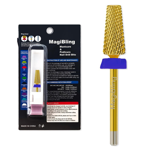 Professional 5 in 1 Tapered Nail Drill Bits, 3/32'' Safety Tungsten Carbide Bits, Remove Gel Fast Left & Right Hand Use, Easy for Beginner, Technicians Bits, Gold, Medium.