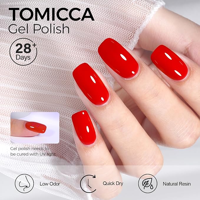 TOMICCA Red Gel Polish - Soak Off UV Nail Polish Quick Dry, Long Lasting Manicure Salon DIY Nails Polish Gel Colors