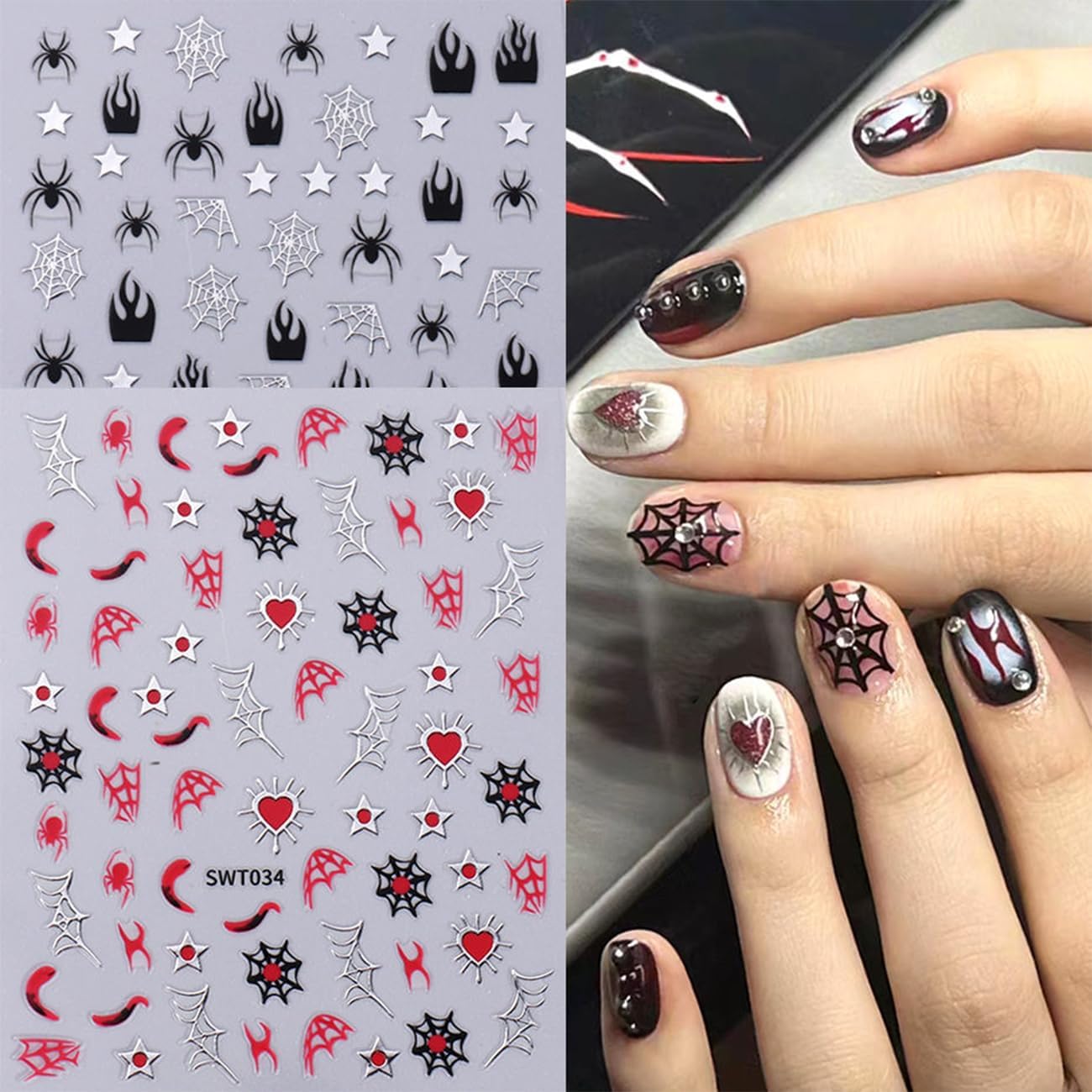 7 Sheets Halloween Nail Stickers 3D for Nail Art Glitter Heart Spider Web Flame Stars Punk Gothic Slider Manicure DIY Nail Art Decoration Accessories for Halloween Party