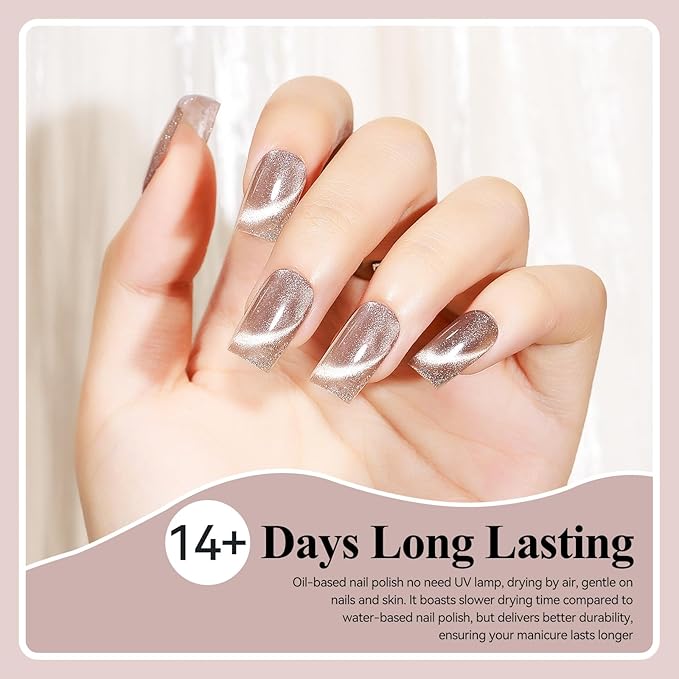 Cat Eye Nail Polish Quick Dry, Magnetic Cat Eye Polish Non Gel Sheer Glitter Color & Velvet Shine, No UV Needed - Perfect for Nail Art & Long-Lasting Wear