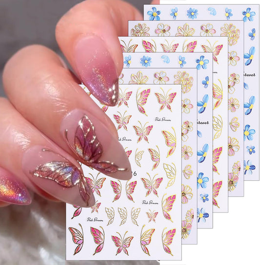 6 Sheets Spring Flower Nail Decals for Nail Art Gold Pink Butterfly Nail Stickers 3D Blue Flowers Nail Decals Self-Adhesive Summer Butterfly Nail Supplies for Women Girls DIY Nails Designs