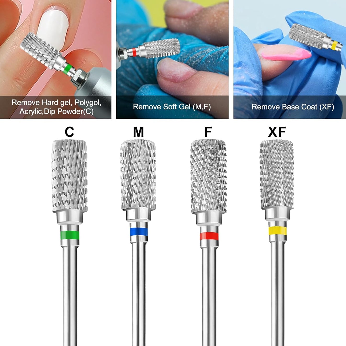 Super Long Nail Drill Bits Cylindrical, 3/32'' Carbide Tungsten Bits, Suitable for Manicure Pedicure Cuticle Gel Polishing, Remove Dip Powder, Professional Advanced Bits, (Silver, Medium Grit)