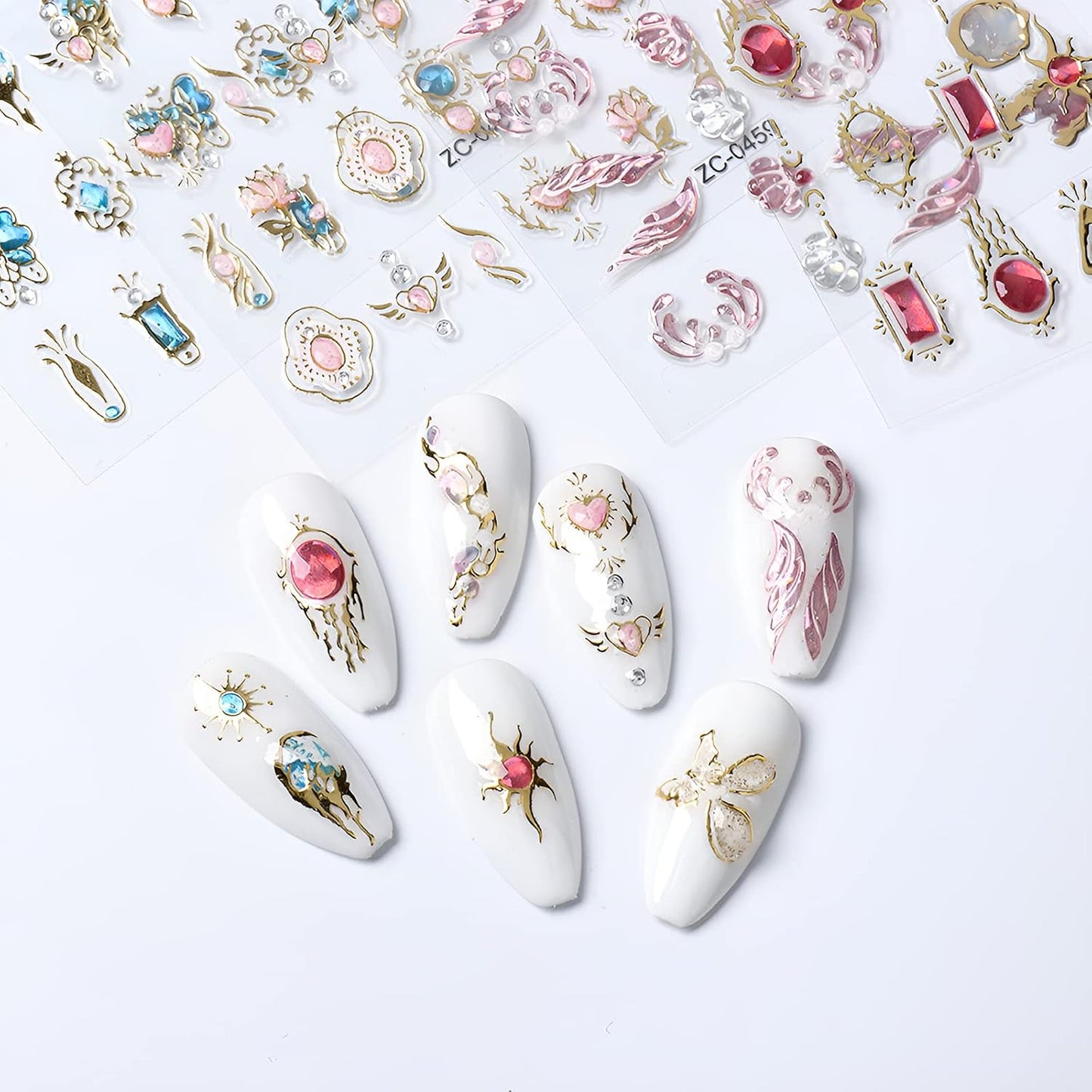 5 Sheets 5D Bronzing Nail Art Stickers Decals,Fishtail Shell Embossed Self-Adhesive Nail Sticker Gemstone Flower Heart Sun Gold Metal Design Nail Art Supplies for Nail DIY Decoration for Women