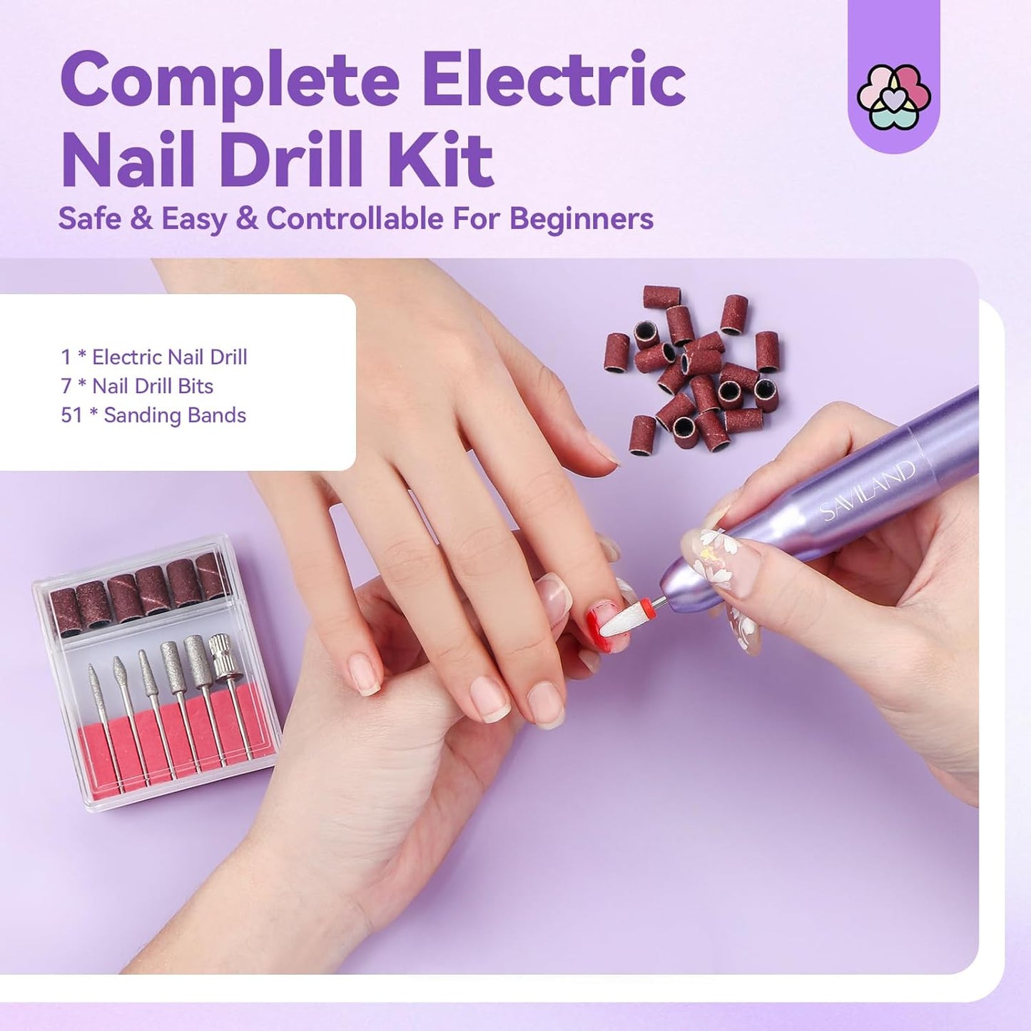 SAVILAND Portable Electric Nail Drill: Nail Drill Kit 20000RPM Purple Cuticle Bit Nail File 51 Sanding Bands Beginners at Home Manicure Pedicure