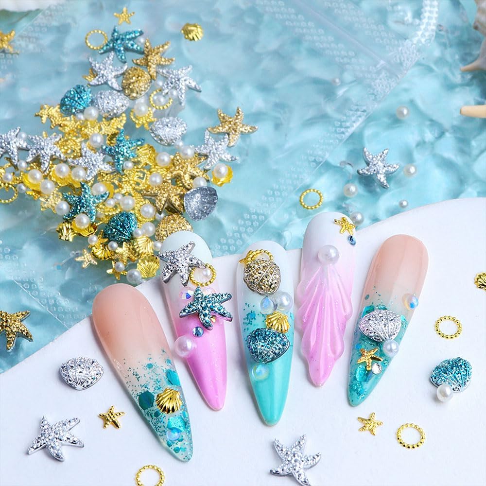 2 Pack 3D Nail Art Charms Set, Summer Beach Theme with Starfish Shell Pearls, Metal Rhinestone Decorations for Acrylic Nails