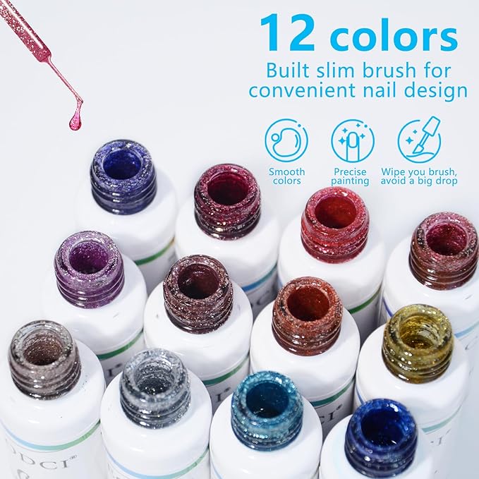 Nail Art Gel Liner Set, 12 Colors Platinum Pink Gold Green Glitter Fall Winter Gel Polish for Swirl French Tip Painting Designs Soak Off Built Thin Brush DIY Nail Design Kit