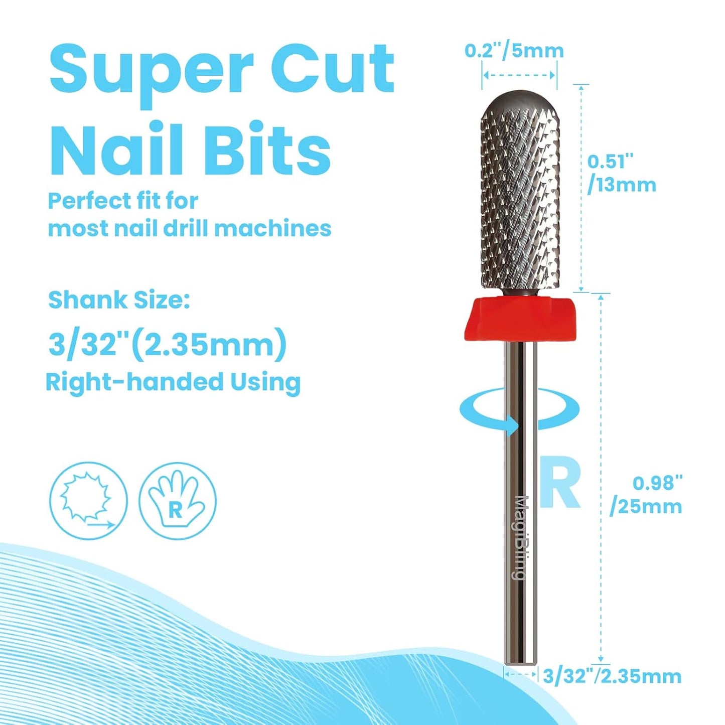 Super Cut Small Barrel 3/32'' Safety Tungsten Nail Drill Bits, Remove Gel Fast, Right handed, Suitable for Manicure Pedicure Cuticle Gel Polishing, Classic Round Top Bits, Grit: Fine.