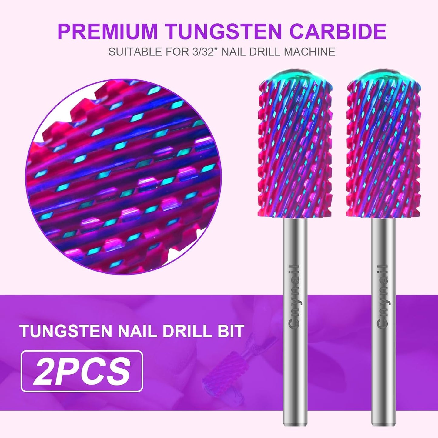 3/32" 2PCS Large Barrel Smooth Round Top Tungsten Carbide Nail Drill Bit Safety Bit for Gel & Acrylic Removal, 2-Way Rotating Efile Tip, Salon Electric File Accessory (XC Grit, Purple)