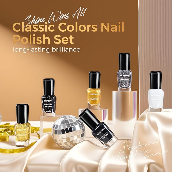 Morovan Nail Polish Set Fingernail: Black Gold White Glitter Nail Polish Kit Shimmer Sparkle Sliver Air Quick Dry Glossy Nail Pack for Nail Art Manicure 2025 Summer Holiday Gift Party for Women