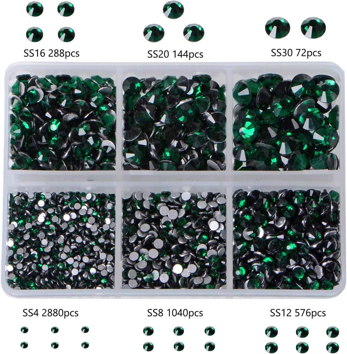Bymitel 5000 Pieces 6 Mixed Sizes Glue Fix on Glass Rhinestones Round Crystal Gems Flatback for DIY Jewelry Making with one Picking Pen(6-Sizes 5000PCS, Emerald)