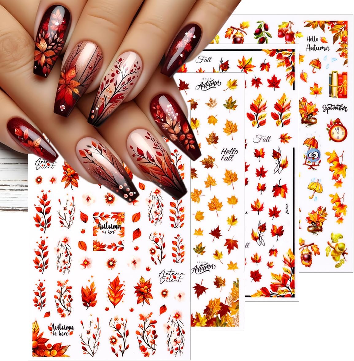 Fall Nail Art Stickers 8 Pcs 3D Self-Adhesive Thanksgiving Nail Decals Maple Leaves Pine Cone Deer Nails Designs Autumn Nails Decorations for Women DIY Manicure Art Supplies