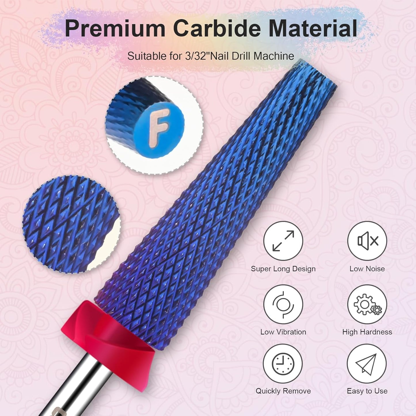 Depvko Super Long 5 in 1 Nail Drill Bits, 3/32'' Carbide Tungsten Bits, Two Way Rotate Professional Advanced Safety Bits for Nail, Fast Remove for Manicure Pedicure (Long 5in1-Purple, Fine-F)