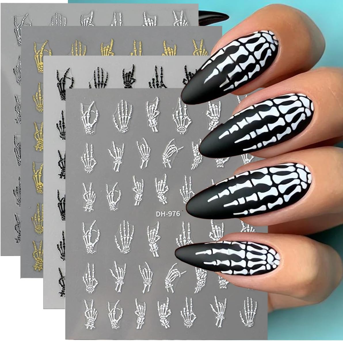 Halloween Nail Art Stickers Decals 3D Finger Bone Nail Stickers 4PCS Black White Gold Silver Fantasy Bone Design Halloween Nails Adhesive Decals Supply for Women Holiday Manicure Nail Art Decorations