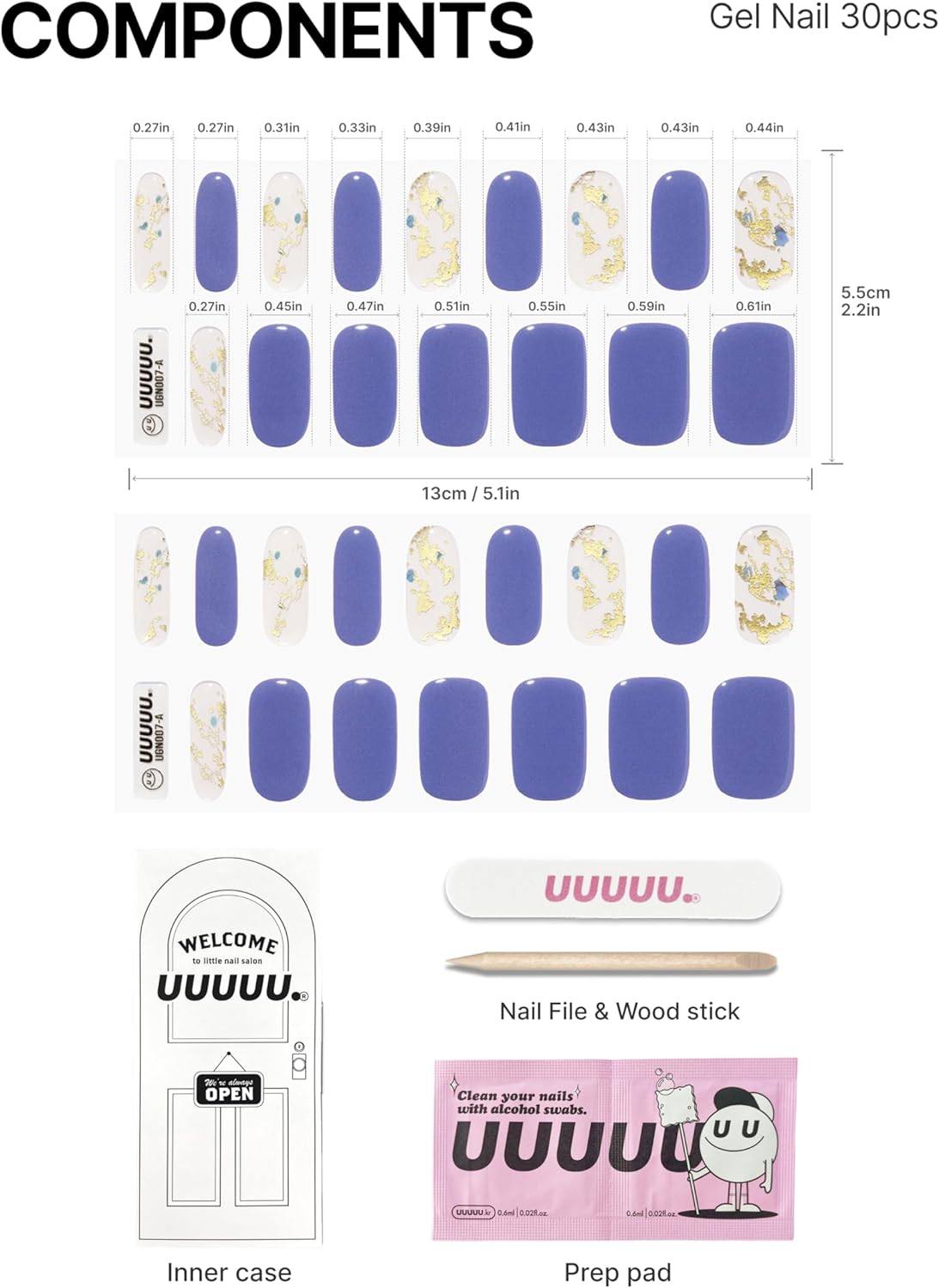 UUUUUU Semi Cured Gel Nail Strips | Salon-Quality | UV Free Gel Nail Wraps for Women | Easy Peel&Stick | Long-Lasting up to 14 Days | 28 Strips Set+File & Wipes | Gift-Ready (Blue Ore)