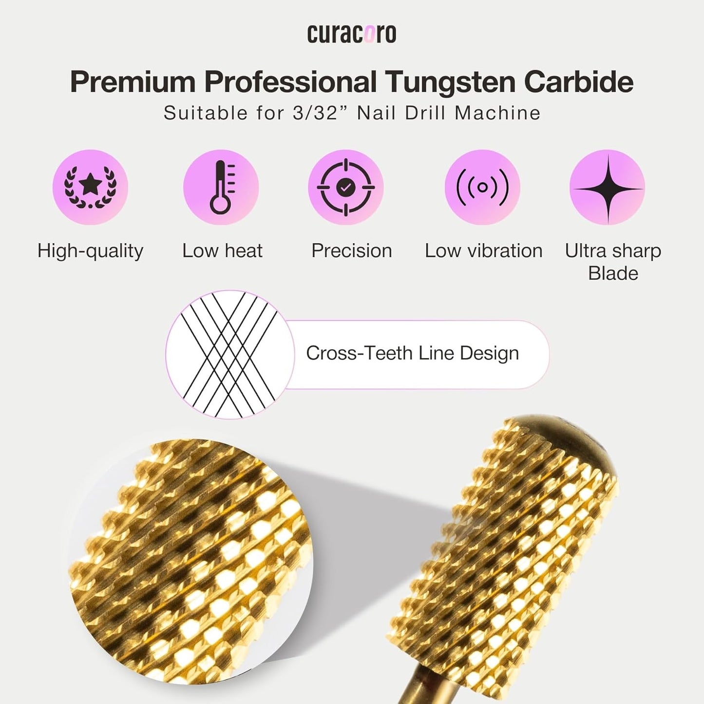 Curacoro Nail Drill Bits 3/32'' - L-Shaped Smooth Stop Barrel Carbide Bit (Coarse) for Professional Finish, Fast Remove, Shape & Smooth Acrylic or Gel Nails, Nail Art Pedicure Manicure Salon & Home
