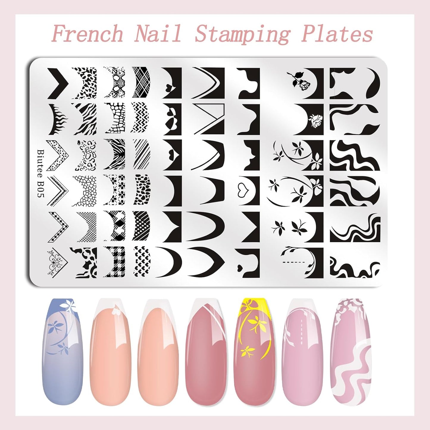 Biutee Nail Stamping Plates 2Pcs French Tip Stamp Plate 110 Patterns Nail Stamping Kit With Silicone Stamper Scraper Large Lace Line Flower Nail Art Stamping Template Christmas Holiday Gift for Women