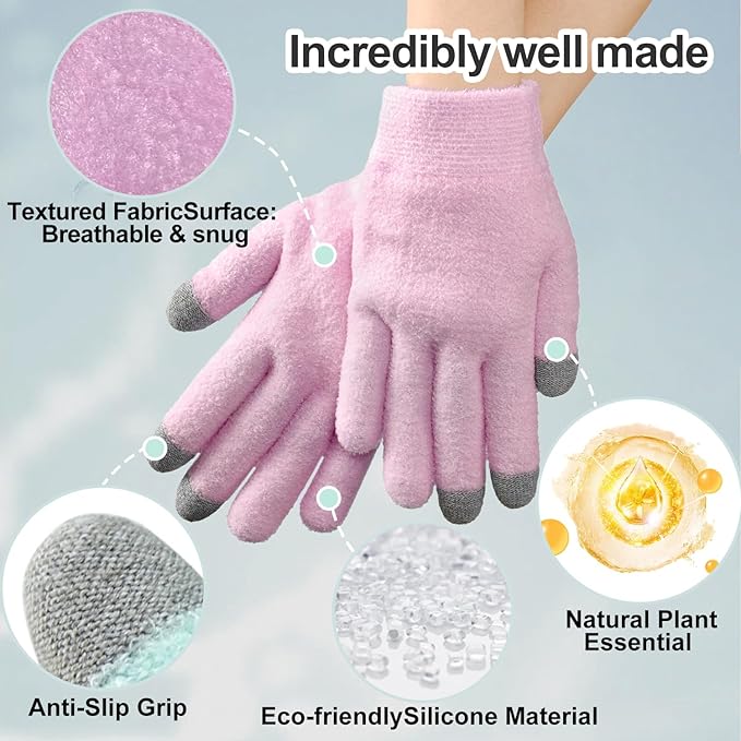 MoyRetty Touchscreen Silicone Moisturizing Gloves for Dry Hands Overnight, Reusable Hand Spa Gloves with Vitamin E & Jojoba Oil-Pink
