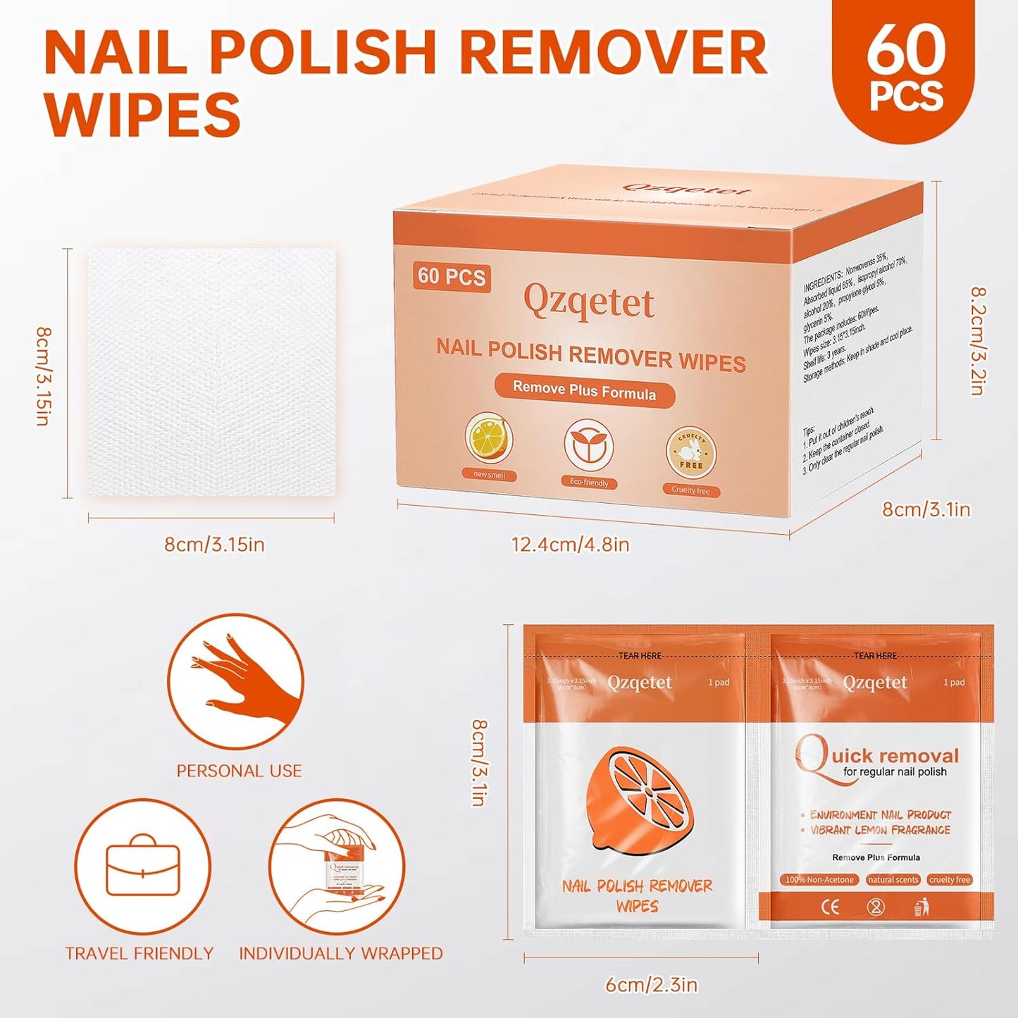 Nail Polish Remover Pads - Non Acetone, Big Size 60Pcs Quick Nail Polish Remover Wipes, Polish Remover Pads Professional Individually Wrapped Wet Wipes for Home Professional Salon Supplies