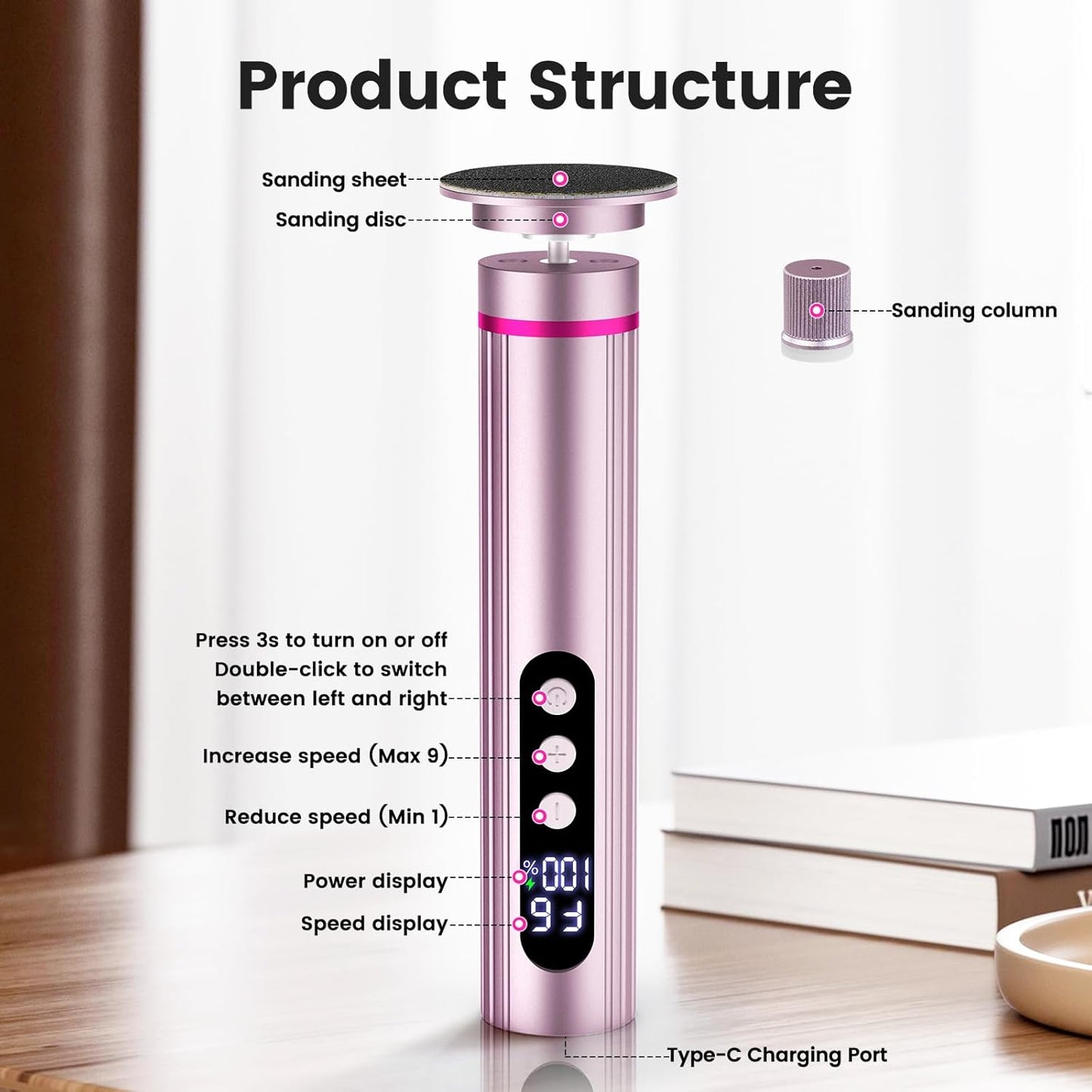 2 in 1 Foot File & Nail Drill, Rechargeable Electric Foot Callus Remover with 9 Adjustable Settings, Digital Display Screen Electric Callus Remover for Feet, Foot Scrubber for Women Men (Light Pink)
