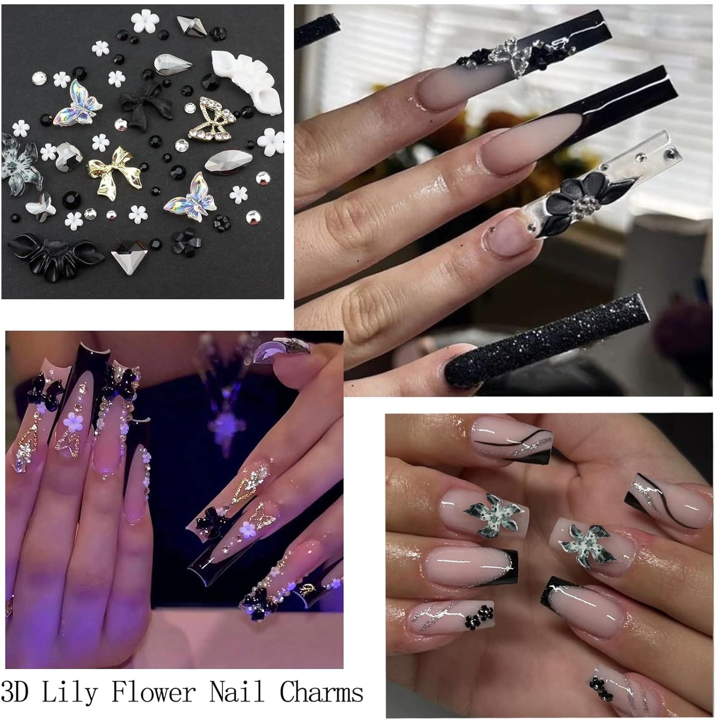 4 Boxes Dark Nail Gems Bow Flower Nail Charms for Acrylics - Irregular Crystals, Nails Rhinestone & Accessories for Women Nails Art Design Nails Decor(Dark)