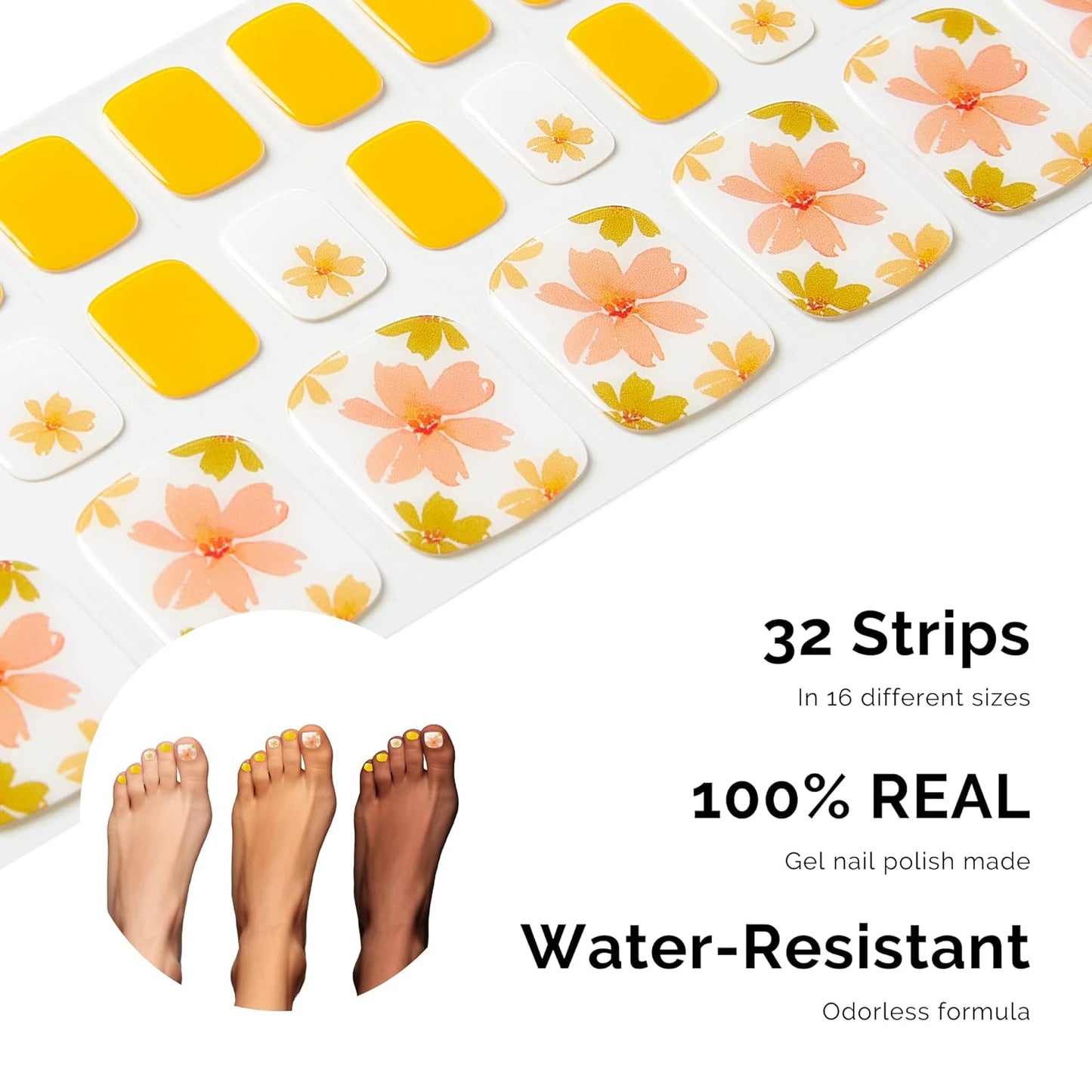 NAILOG Semi Cured Gel Nail Strips, Toe Nail Polish Strips with Glossy Gel Finishing | Buy 3 Get 1 UV Lamp| 32 Pieces Long Lasting Pedi Stickers | Yellow