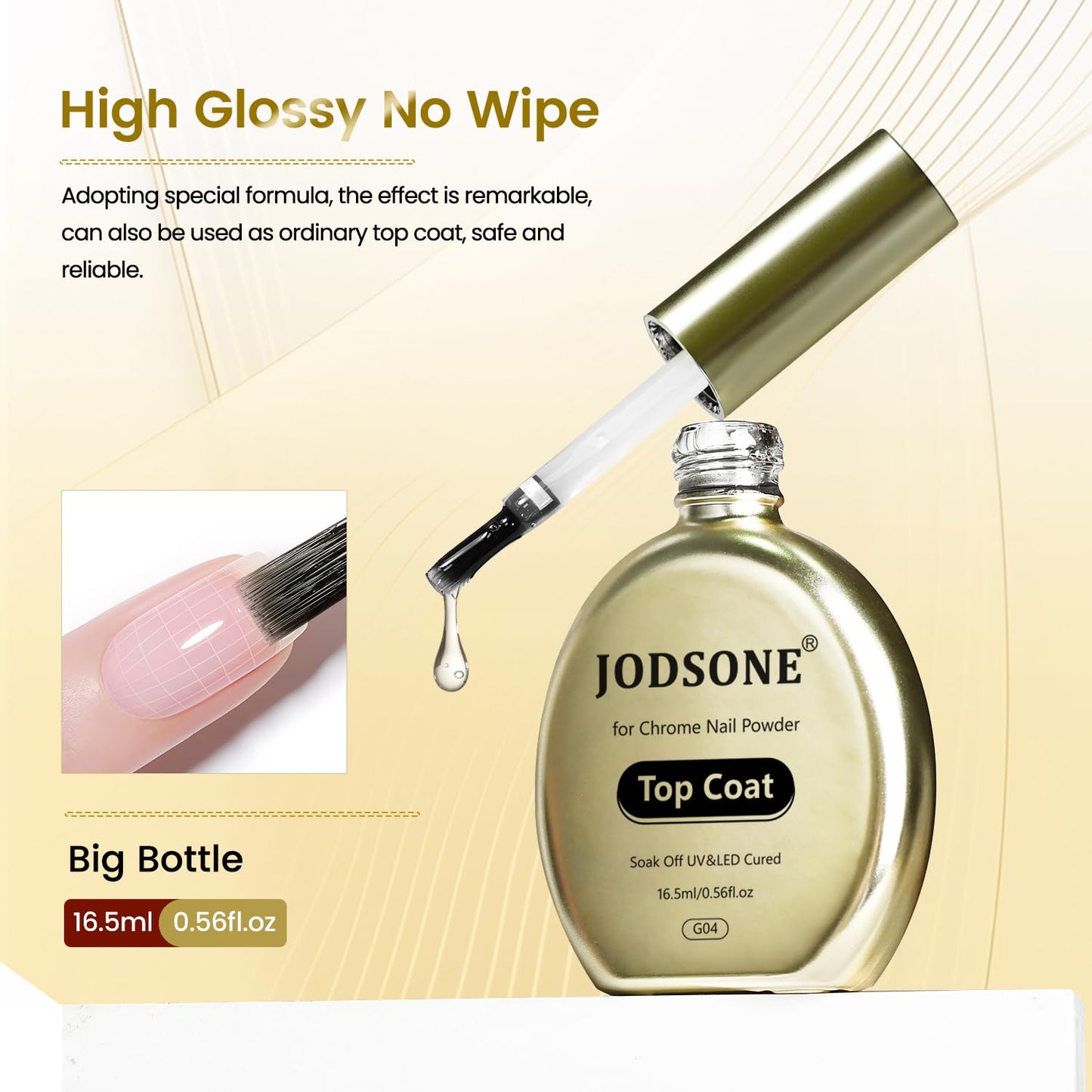 JODSONE Top Coat for Chrome Nail Powder - 16.5ml No Wipe Gel Top Coat for Rubbing Mirror/Chrome Nail Powders, Smooth Finish, High Gloss, U V/LED Curing Needed