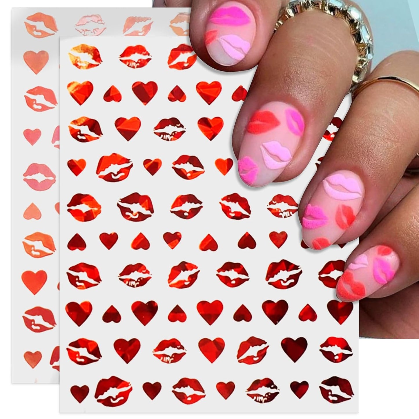 Valentine's Day Nail Art Stickers - Sexy Lip Nail Decals, Self-Adhesive 6 Color Black White Red Pink Kiss Heart for DIY 3D Nail Supplies Decoration (6 Sheets)