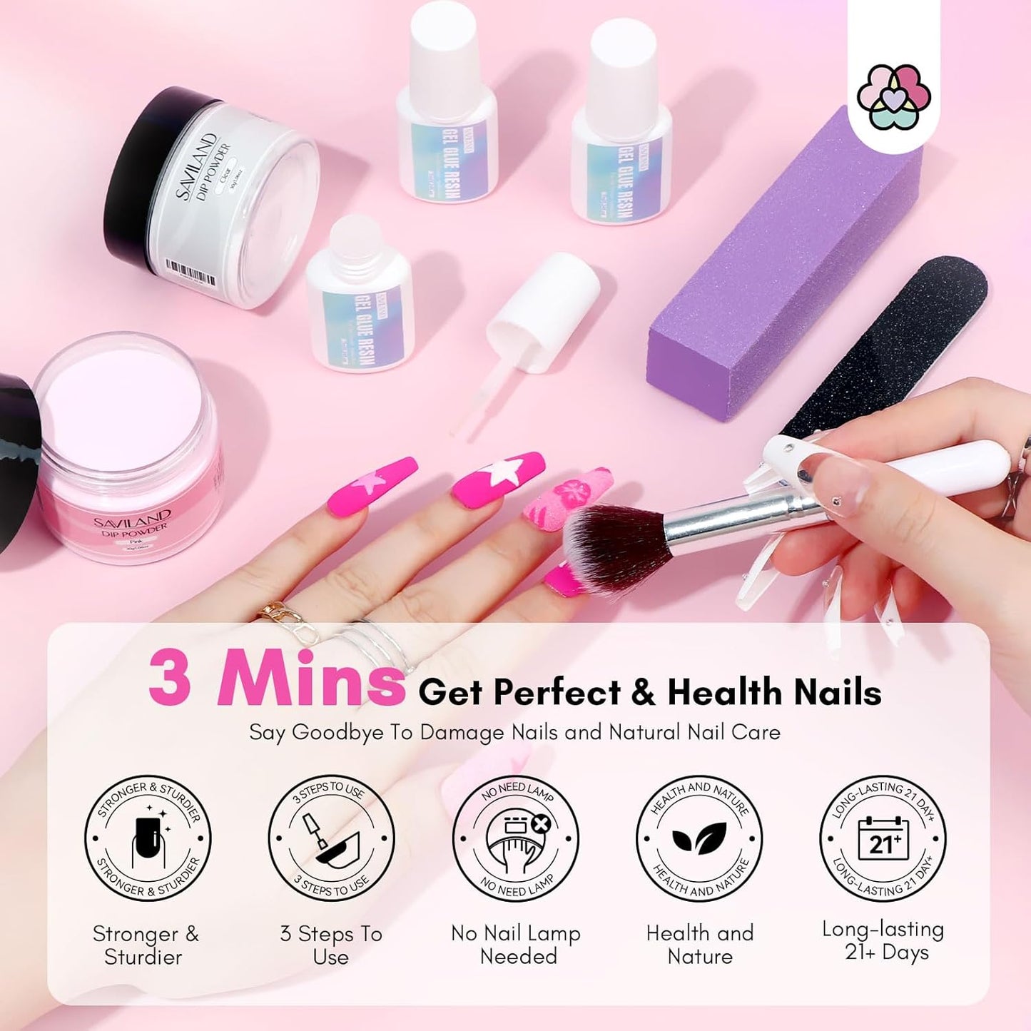 SAVILAND 60g Nail Repair Kit for Split Damaged Nails: 3 Mins Air Dry Quick & Easy Instant Broken Nail Repair Natural Clear & Pink Dip Powder with 21ml Nail Repair Glue Emergency Home & Salon Use