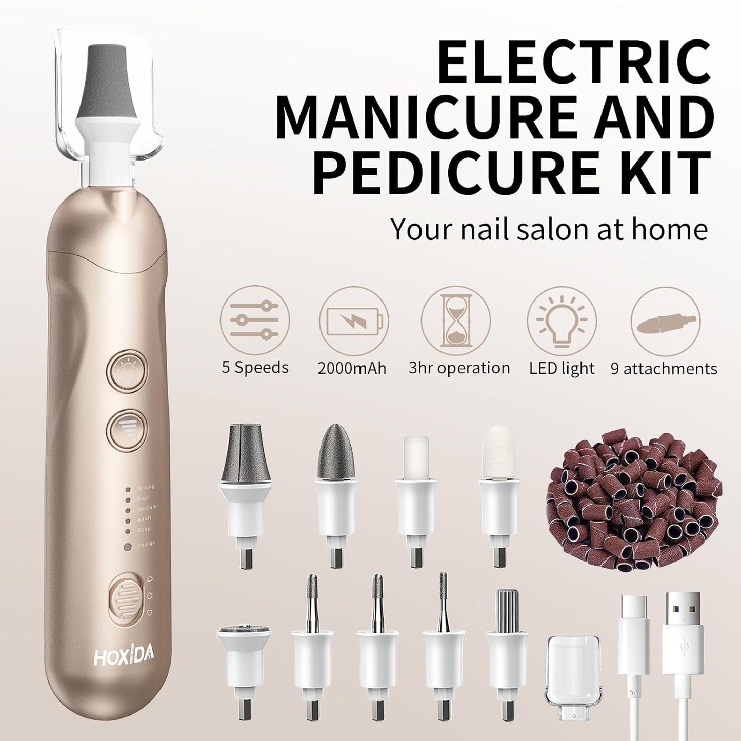 Manicure Pedicure Kit, Professional Nail Grinder for Senior Thick Toenail, Cordless Electric Nail File, 5 Speeds Pedicure Tools for feet Callus Remover, Nail Drill for Women Hand Feet Care