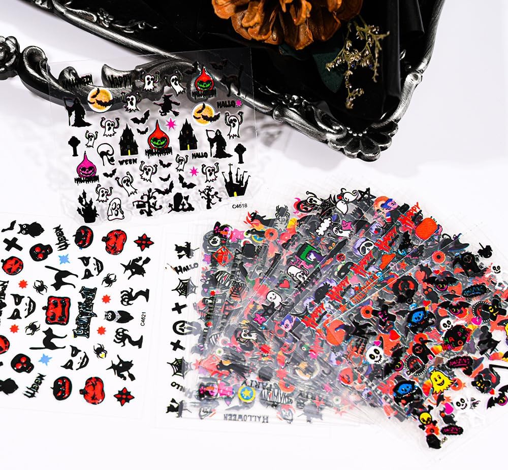 24 Sheets Halloween Nail Art Stickers 3D Self-Adhesive Nail Decals Scary Ghost Face Nail Supplies Spider Web Skull Witch Bat Designs Acrylic Nail Accessories for Women Kids DIY Manicure Decorations