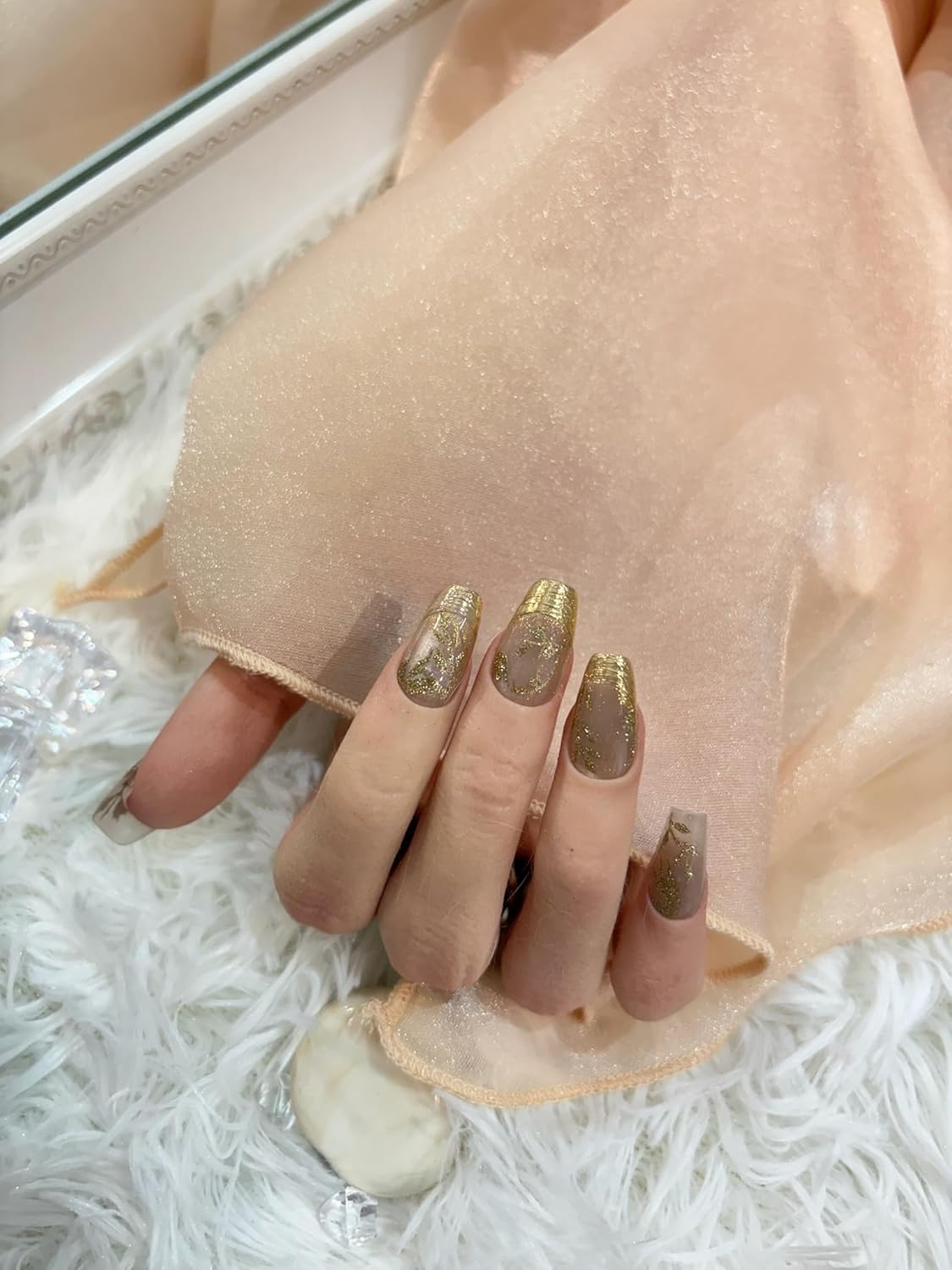New Chinese Style Nail Stickers - Gold Foil Glitter Golden Branches Jade Leaves Design, Self-Adhesive Nail Art Decals A Set of 1 Sheets