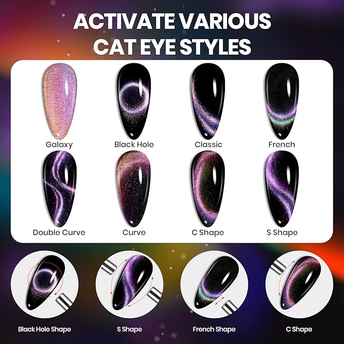Beetles Cat Eye Gel Nail Polish Set - 6 Colors Chameleon Cat Eye Black Glitter Blue Pueple Gold Green Gel Polish with Magnet Soak Off UV Velvet Gel Enchanted Spectrum Collection Salon Gift for Women