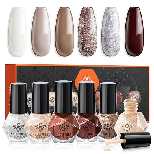 modelones Nail Polish, 6 Colors White Quick Dry Mini Starter Kit, Long Lasting Art DIY Manicure Set at Home for Women Girls