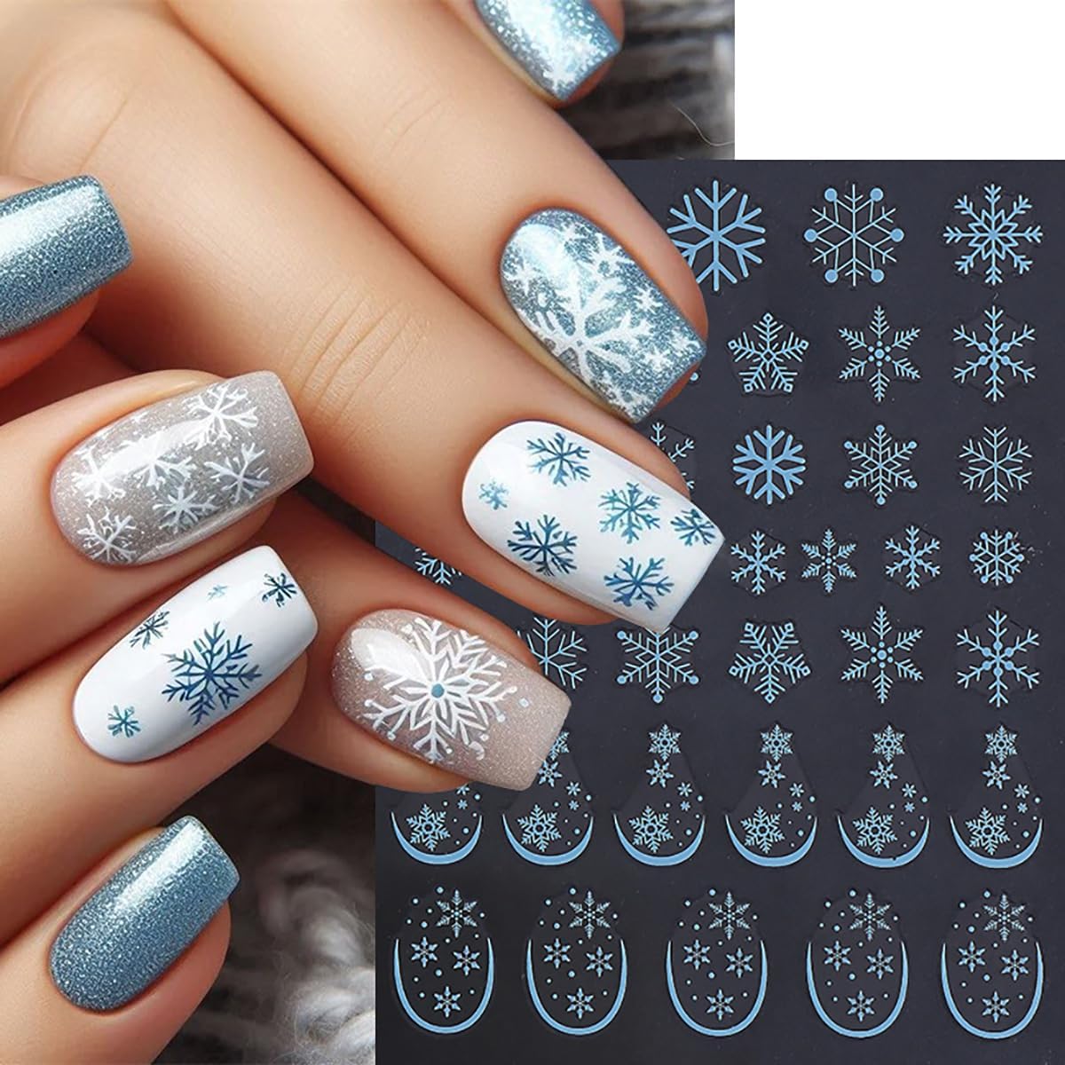 Christmas Nail Art Stickers 6 Pcs Snowflake Nail Stickers 3D Self-Adhesive Winter Nails Decals Blue Gold White Snowflake Nails Designs Stickers Holiday Nails Supplies for Women Xmas DIY Manicure Decor