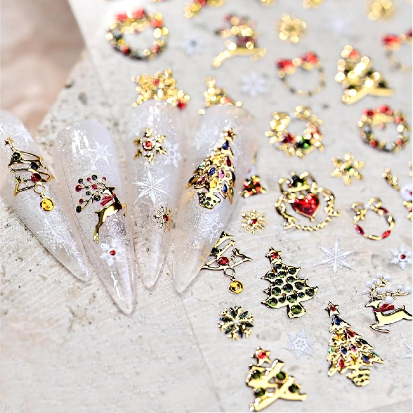 1 Sheets Shining Christmas Nail Art Stickers 5D Embossed Christmas Tree Nail Stickers Wreath Christmas Elements with Rhinestones Nail Decals Acrylic Nail Supplies for Women Girls DIY Nail Salons