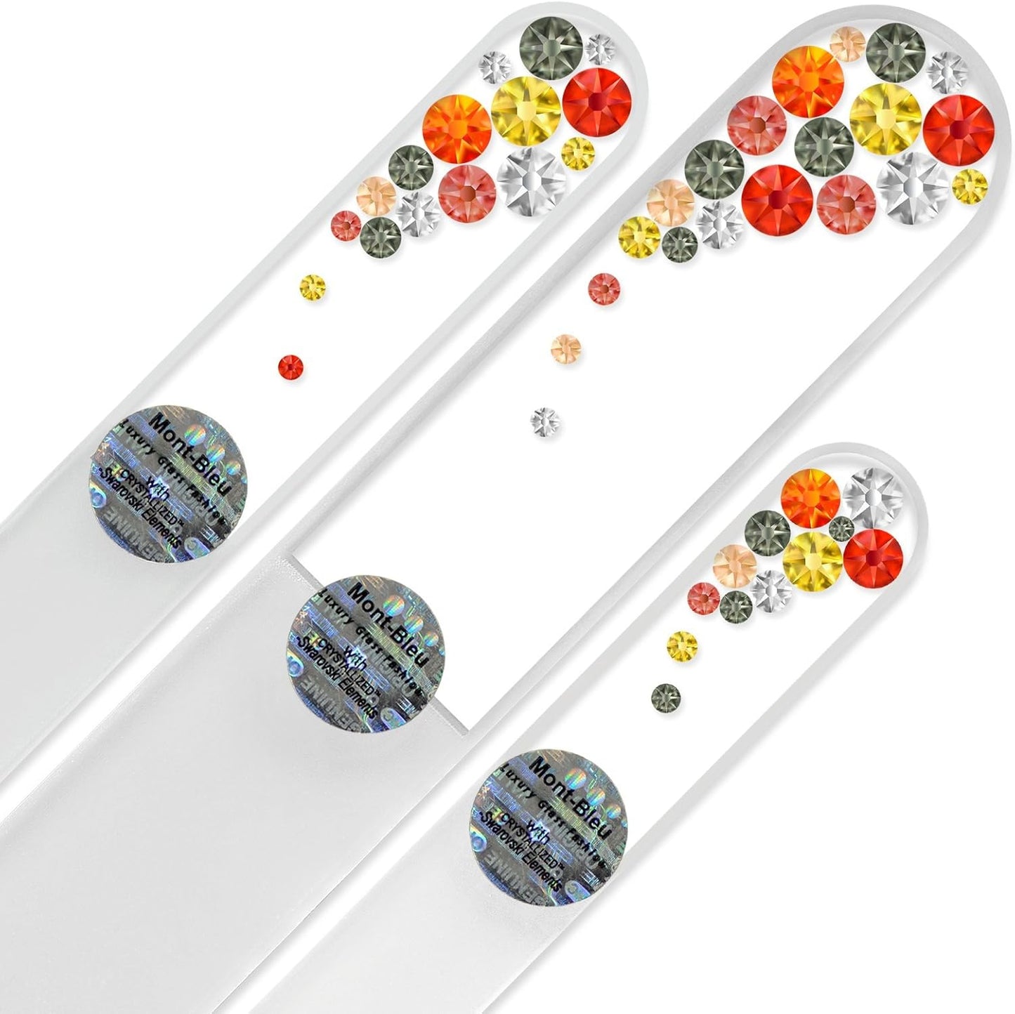 Mont Bleu Set of 3 Glass Nail Files Hand Decorated with crystals - in Black Velvet Sleeve - Genuine Czech Tempered Glass - Handmade Crystal Nail Files