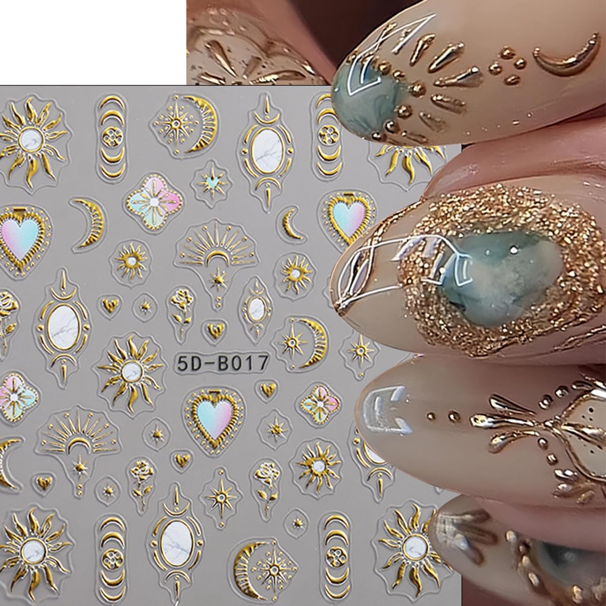 3 Sheets Bohemian Style Nail Stickers 5D Embossed Star Nail Art Stickers Self-Adhesive Heart Moon Sun Nail Decals Bohemia Metallic Nail Designs Accessories Stars Nail Decoration for Women Girls DIY
