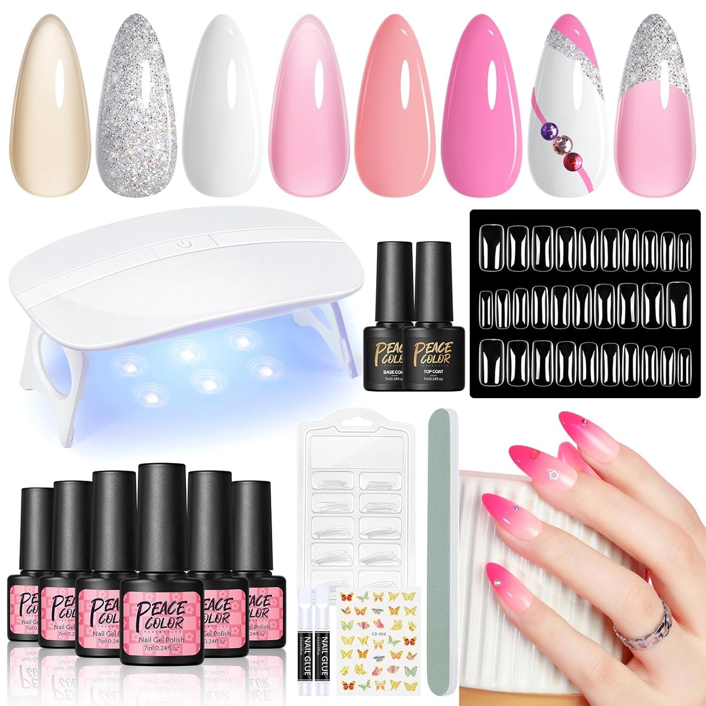 PEACECOLOR Gel Nail Polish Kit with U V Light, 6 Colors White Nude Pink Jelly Sliver Glitter Gel Polish Kit 50PCs False Tips Base Top Coat Nail Art Stickers Manicure Tools Salon DIY Home for Women