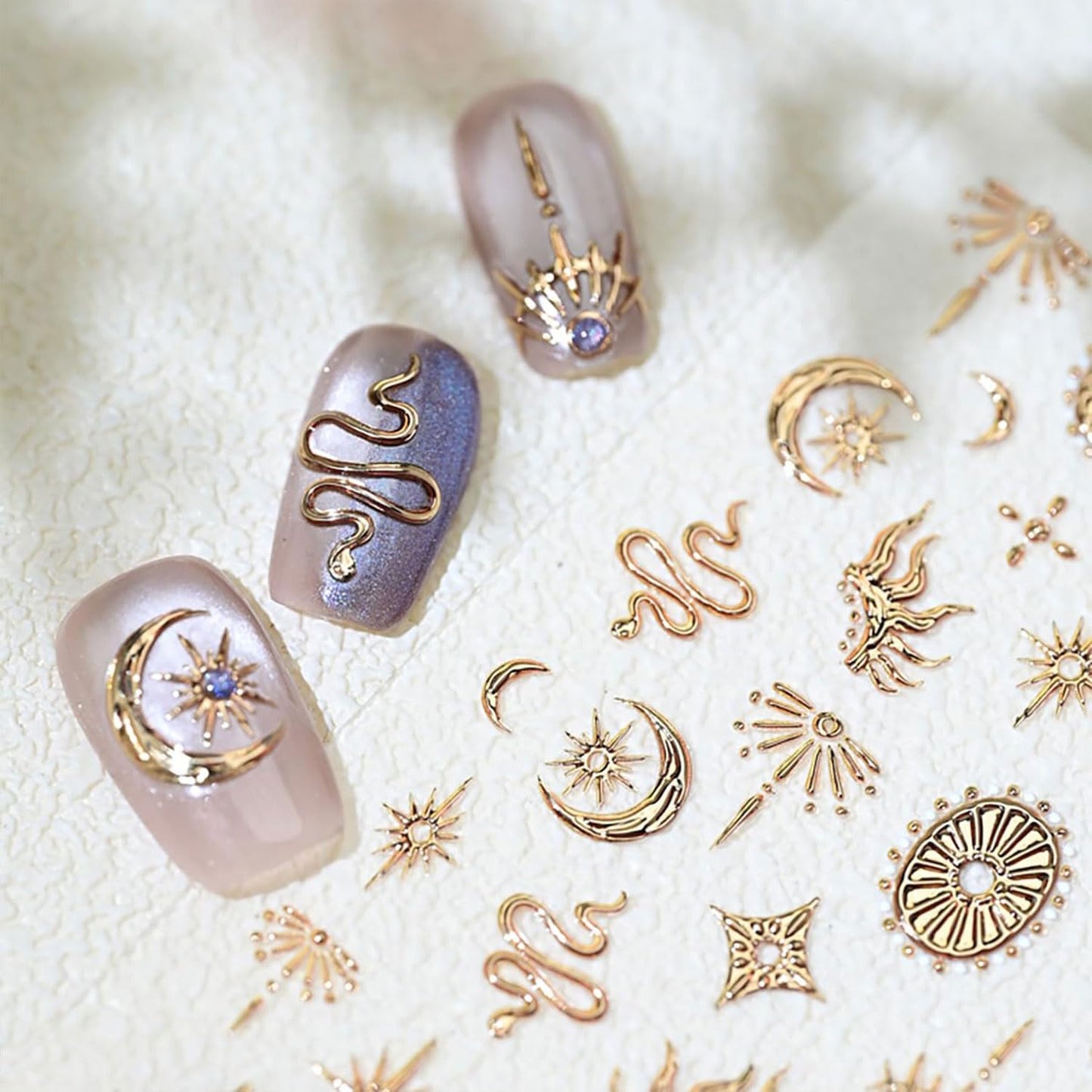 Gold Nail Art Sticker Decals Star Moon Nail Stickers Snake with Design Self Adhesive Nail Decals 5D Embossed with Design Bronzing Manicure DIY Supply Decoration Accessories for Women