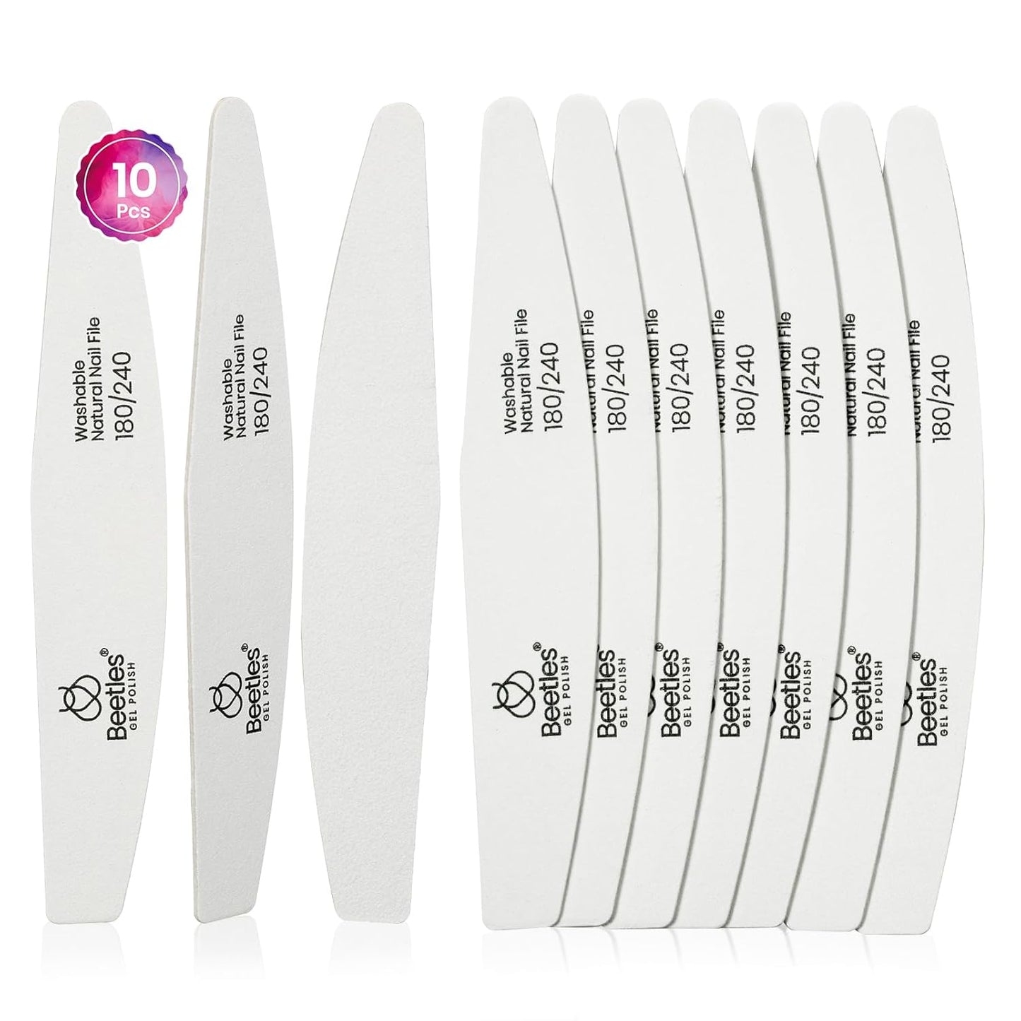 Beetles Pro 10-Pcs Nail File – Professional 180/240 Grit Washable Natural Nail File Double Sided Wood Board Nails Files for Acrylic, Gel & Natural Nails – Salon Quality Manicure Tool