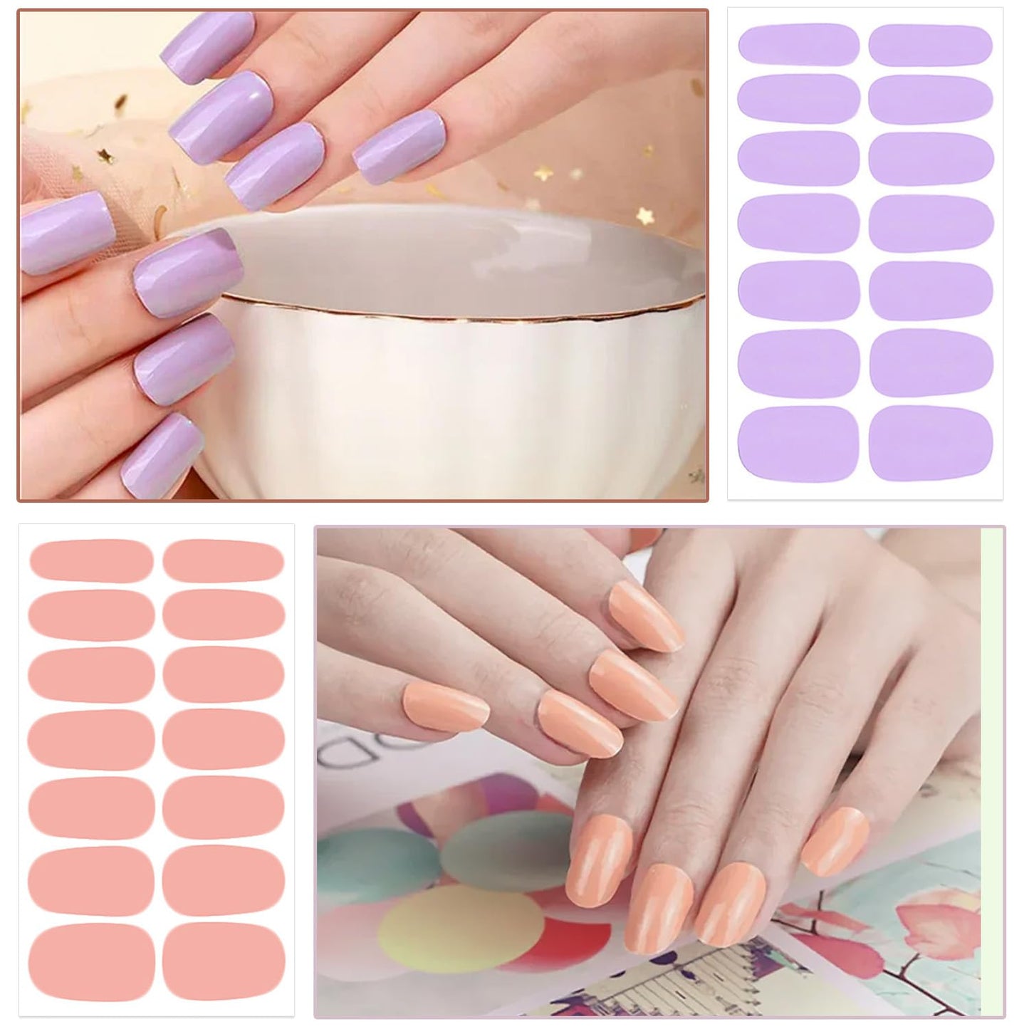 WOKOTO 20 Sheets Self-Adhesive Nail Polish Stickers Tips with 1pcs Nail File Full Nail Wraps Nail Art Decals Cute Light Color Series Gel Nail Strips Manicure Kit for Girls Women Stick On Nails