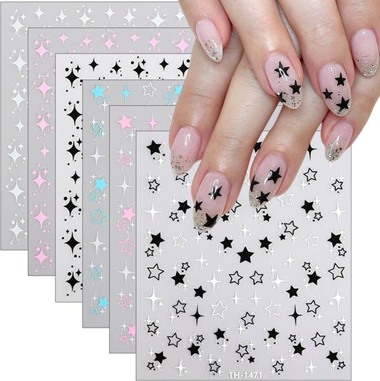 6Pcs Independence Day Star Nail Art Stickers Decals 3D Self-Adhesive Shiny Star Nails Decals Glitter Black White Pink Blue Five Pointed Stars Nail Stickers French Starlight Nails Supplies Decoration