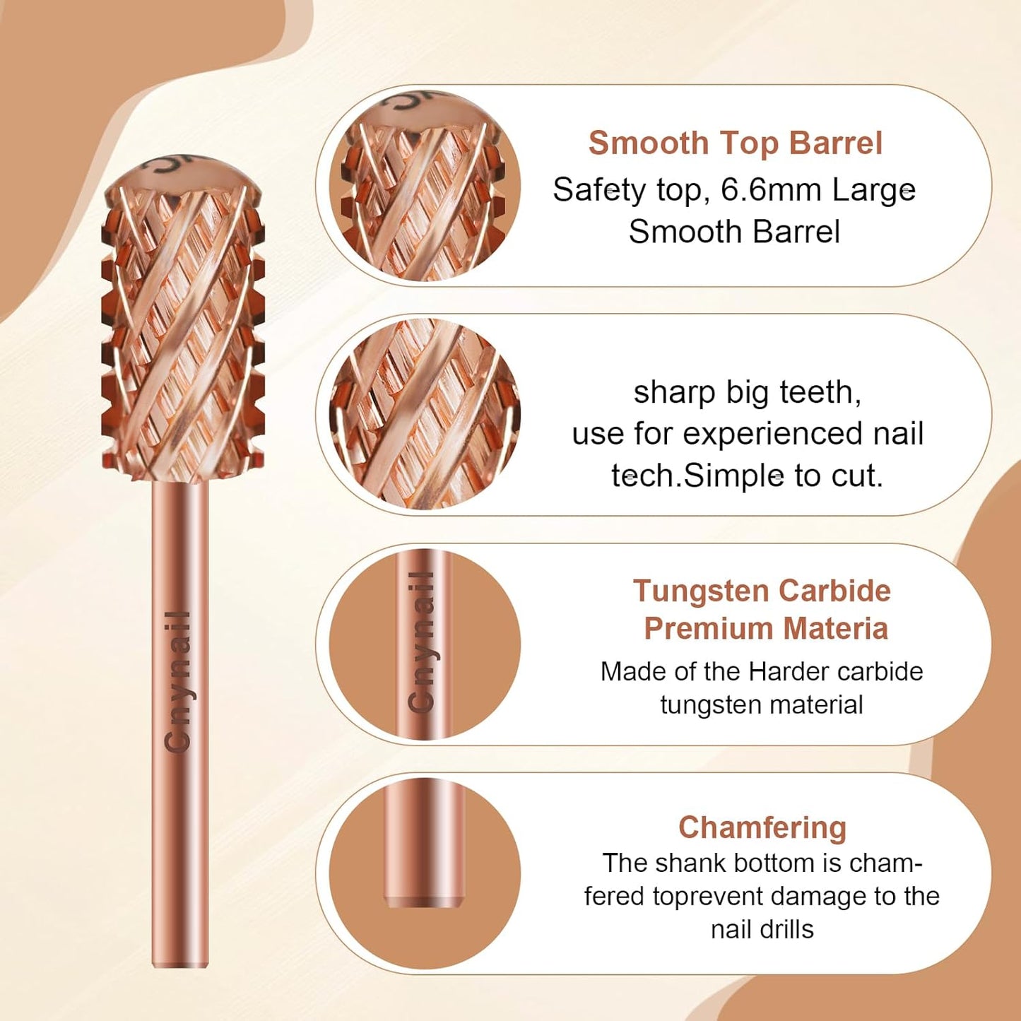 3/32" Large Barrel Smooth Round Top Tungsten Carbide Nail Drill Bit Safety Bit for Gel & Acrylic Removal, 2-Way Rotating Efile Tip, Salon Electric File Accessory (4XC Grit, Rose Gold)