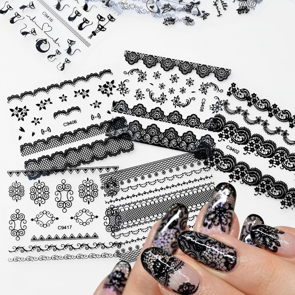 30 Sheets Black Nail Art Stickers 3D Self-Adhesive Black Lace Hollow Nail Decals 3D Black Retro Cat Flower Star Moon Heart Nail Stickers Nail Art Design for Women DIY Acrylic Nails Decoration