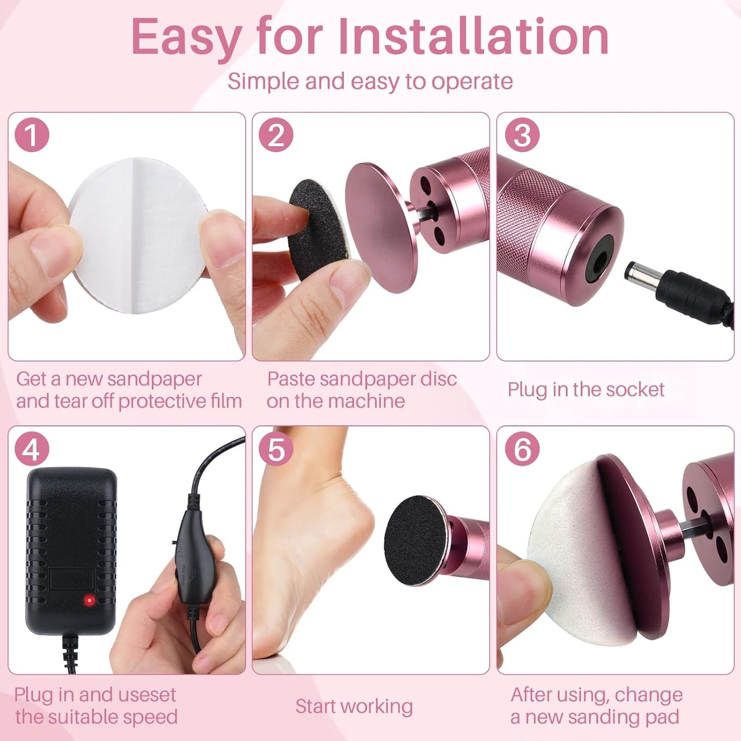 Electric Foot File Callus Remover, 2-in-1 Nail Grinder, Adjustable Speed, 60 Sandpaper Discs, Rose Gold