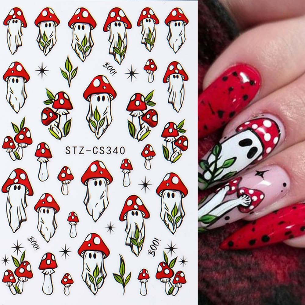 Halloween Nail Art Stickers Decals 3D Skull Mushroom Ghost Halloween Nail Stickers 6PCS Rose Flowers Love Heart Leaf Design3D Self-Adhesive Nail Decals Manicure Supply for Holiday Nail Art Decorations