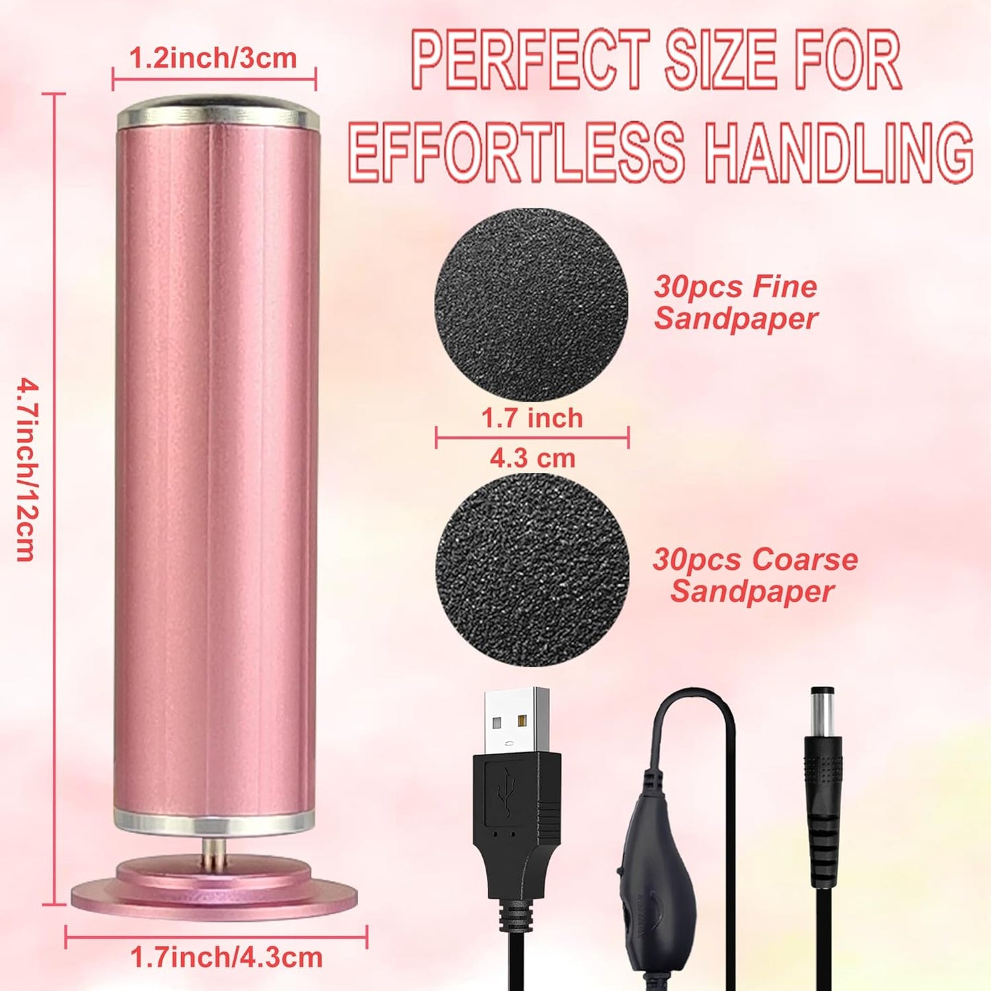 Electric Callus Remover for Feet, USB Power Supply Powerful Electric Foot File Sander Scrubber with Speed Controller & 60Pcs Replacement Sandpaper Disk for Dead Skin, Cuticles Pink