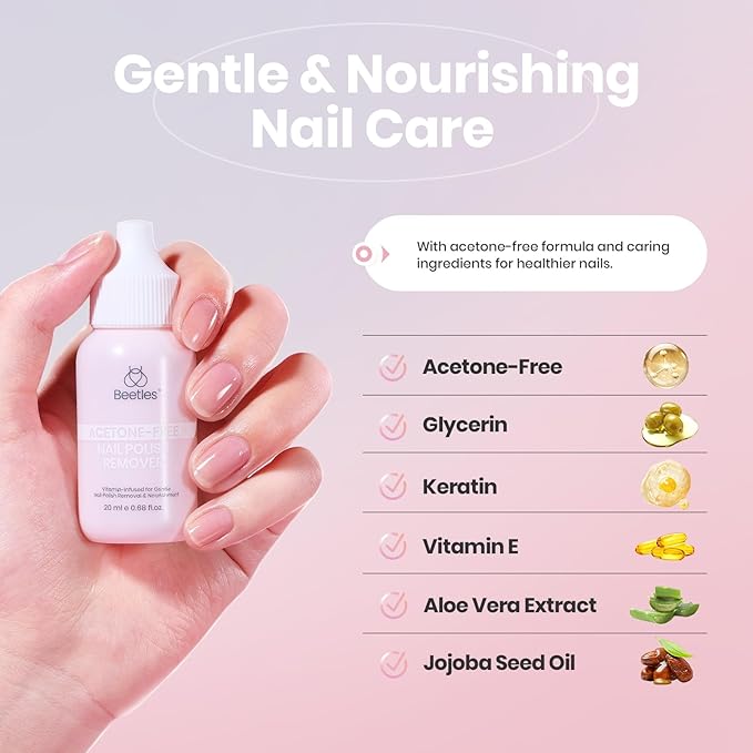 Beetles Non Acetone Nail Polish Remover - 0.67Fl Oz/20ML Controllable Nourishing Formula Acetone Free Nail Polish Remover - Non-Drying - Professional Quick and Gentle Removal for Natural Damaged Nail