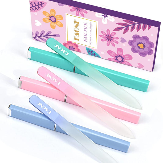 EAONE Crystal Glass Nail File with Case 3 Pack, Double-Sided Etched Fingernail Files for Natural Nails Professional Footnail Care Tool, Stocking Stuffers for Women Girls Gifts